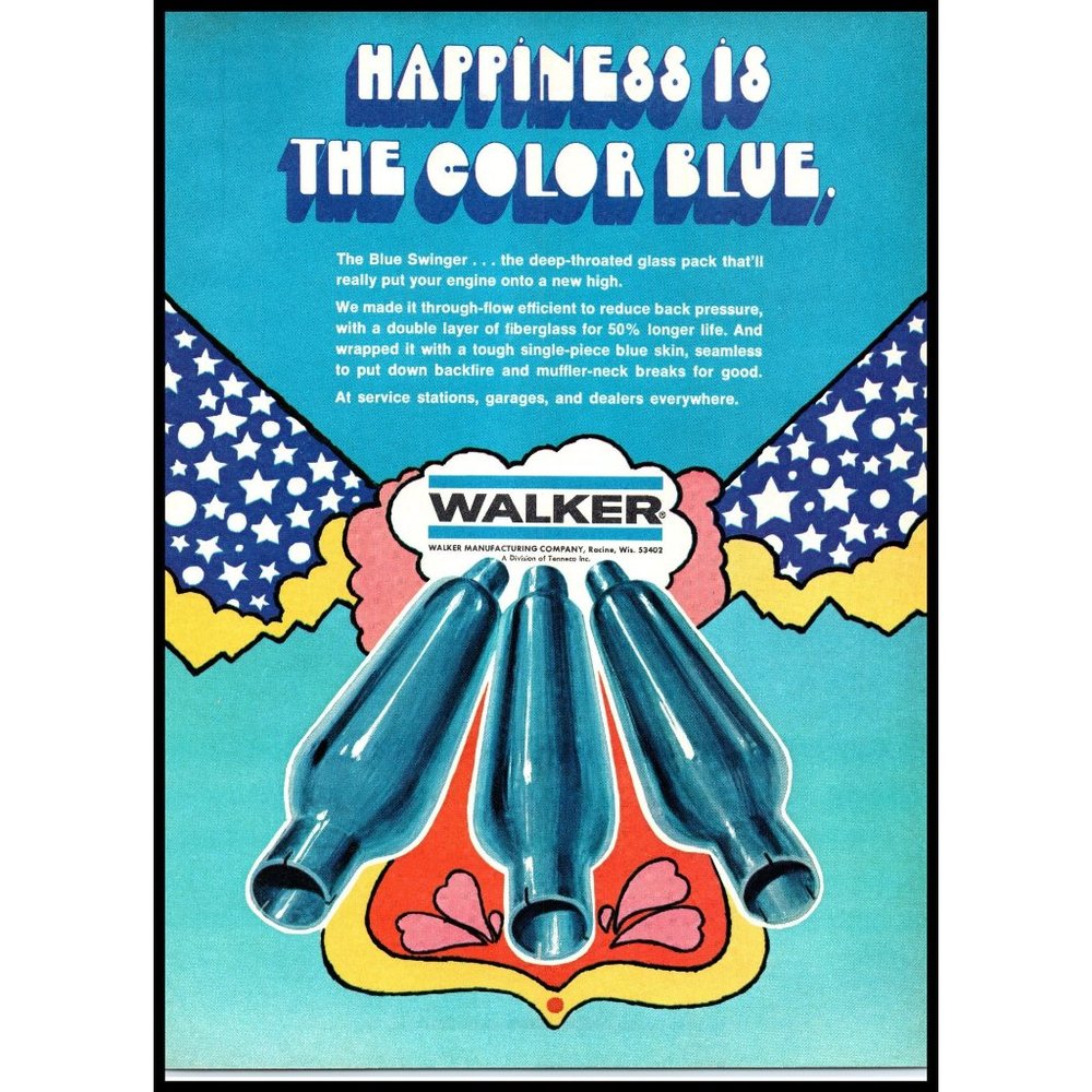 1970 Walker Blue Swinger Glass Pack Muffler Vintage Print Ad Psychedelic Art